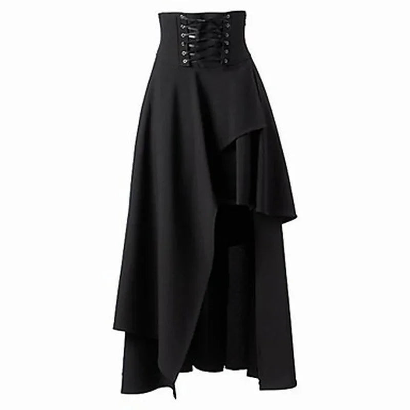 High Low Skirt Gothic Punk Lace Up Cincher Maxi Skirt Rock Hippie Pirate Draped Outfit Halloween Costume For Women
