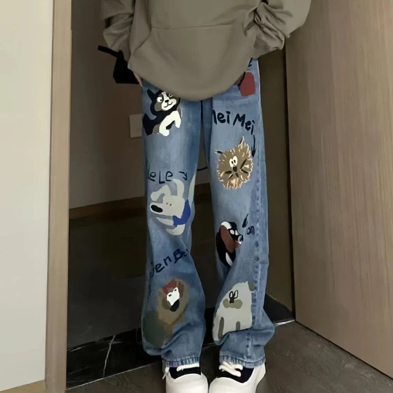 American Style Summer Jeans Women's High Waist Pockets Letter Printing Zipper Washing High Street Casual Wide Leg Straight Pants