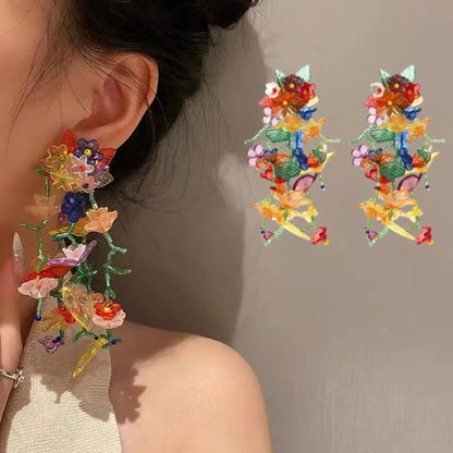 1pair Bohemia Hanging Earrings Colorful Flower Earrings Jewelry Long Tassel Earrings Handmade Beaded Transparent Flower Earrings