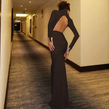 Cryptographic Elegant Sexy Backless Ruched Maxi Dress Party Club Outfits Fall Winter Solid Slinky Long Dresses Gown Clothes