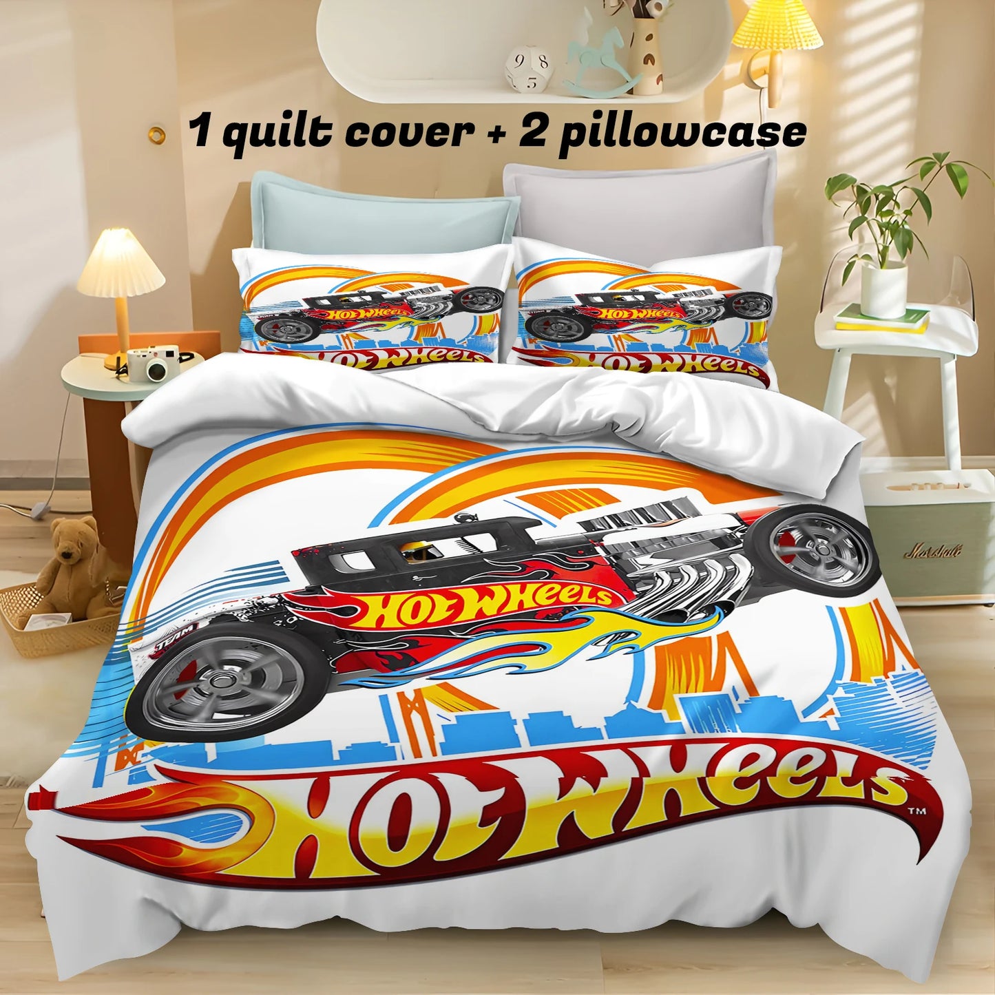 Cartoon Hot-wheel Duvet Cover Home Pillowcase Set Adult Bedroom Children Comforter Bedding