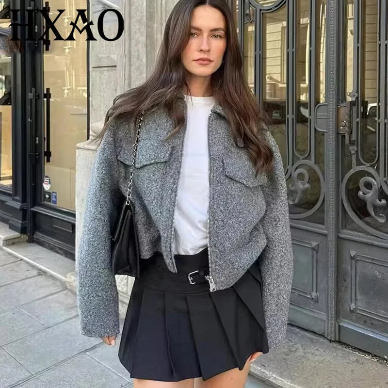HXAO Women's Coats Autumn Winter Solid Short Coats For Women Tweed Faux Wool & Blends Coats Long Sleeve Cropped Womens Coat