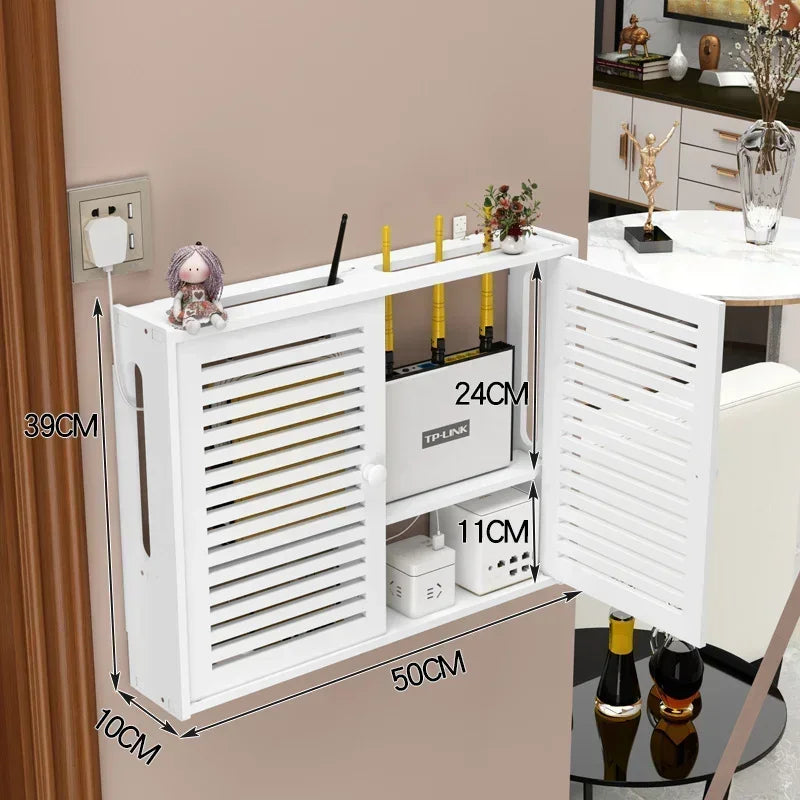 Large Wireless Wifi Router Shelf Storage Boxes Cable Power Plus Wire Bracket Wood-Plastic Wall Hanging Plug Board DIY Home Decor