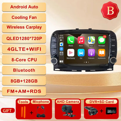 GPS Navigation Android 15 Auto Carplay 7" For FIAT 500 2016 - 2019 Stereo Multimedia Player 4G WIFI Bluetooth DSP 360 Camera