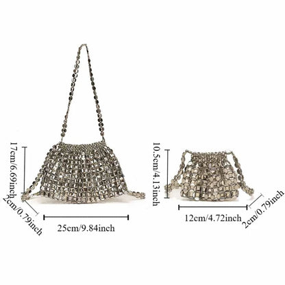 Casual Sequin Evening Banquet Bag Temperament Underarm Bag Woven Beaded Crossbody Bag Mini Small Purse Silver Shiny Bag Women