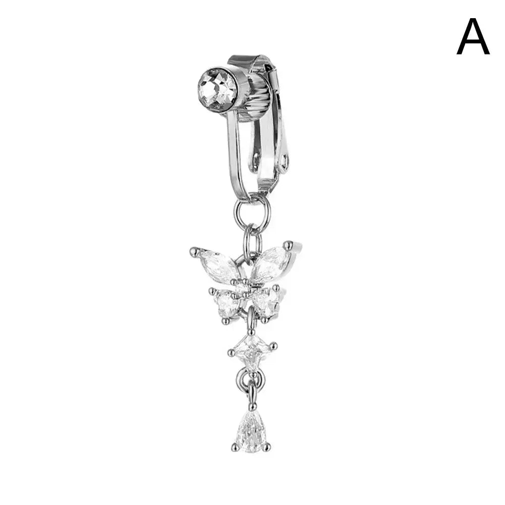 Clip On Belly Button Ring Butterfly Copper Zircon Pink Fake Belly Piercing Umbilical Navel Body Jewelry Trendy Fashion Style
