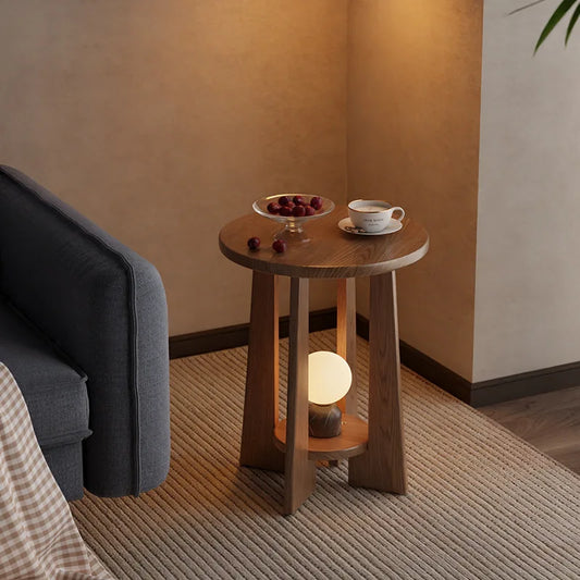 Vintage-style Coffee Table Small Apartments Modern Minimalist Double-layer Round Table Solid Wood Side Tables Living Room Sofa