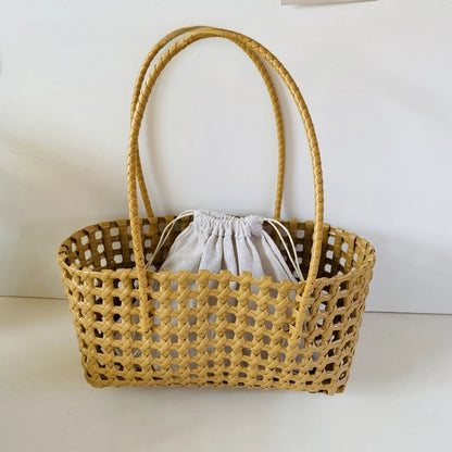 1pcs Plastic Hollow Weave Bag Countryside Style Large Capacity Beach Tote Bag Bucket Bag Bohemian Style Woman PVC Handbag Summer