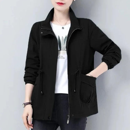 Double Layer Women Spring Autumn Korean Plus Size Lining Windbreaker Drawstring Waist Stand Collar Jacket Jackets for Women