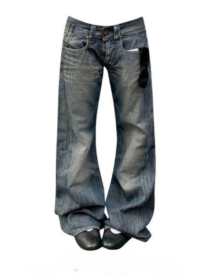 Deeptown Blue Vintage Y2k Women Jeans Wash Harajuku Low Waist Japanese 2000s Style Denim Pants Baggy American Streetwear Autumn