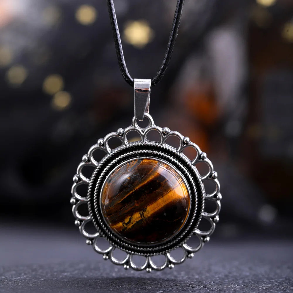 Lace Agate Necklace Vintage Style Round Pendant Necklace Handmade Necklace Gemstone Necklace Crystal Stone Necklace for Women