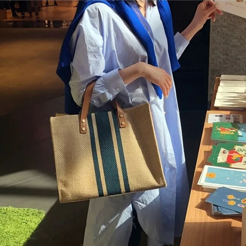 Women's Handbag Professional Commuter Stripe Simple Shoulder Large Bag Large Capacity Canvas Bag