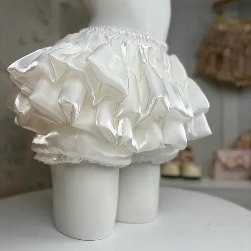 Sweet Elastic Waist Short Skirt Chic Ruffle Cake Princess Satin Puffy Skirt