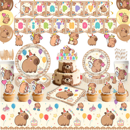 Cute Capybara Birthday Decorations Balloons Backdrop Tablecloth Stickers Cups Plates for Baby Shower Kids Event Party Supplies