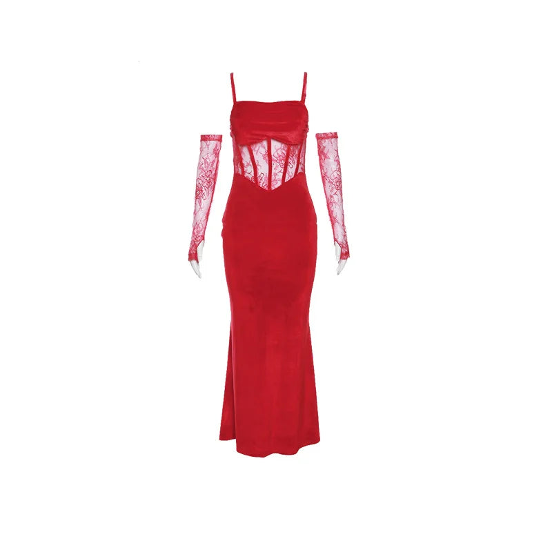 Sylcue Winter Sisters Party Formal Elegant Mature Sexy Beautiful Dirty Women'S Long Lace Fishbone Sling Dress With Sleeve