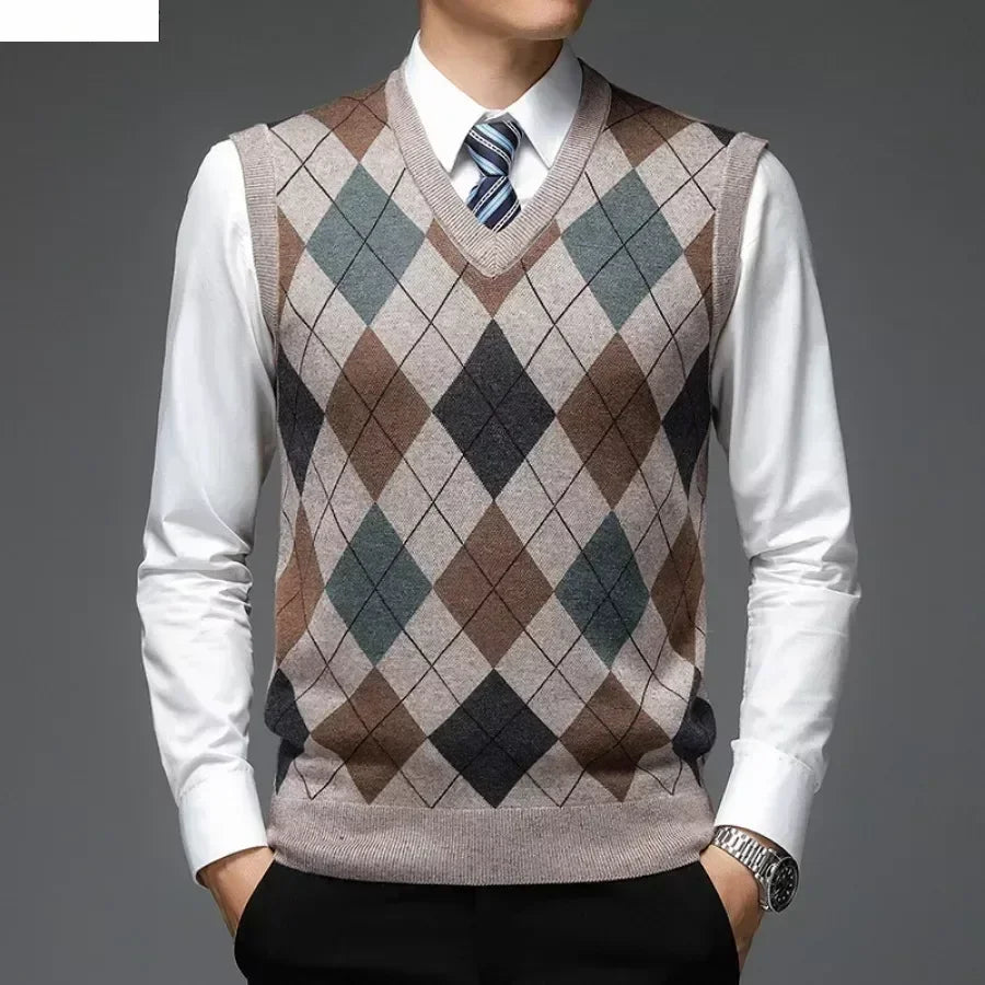 New  Men's Casual Knitted Wool Sweater Vest V-neck Knit Pullover Jacquard Plaid Sleeveless Tops Business Office Men's Vest