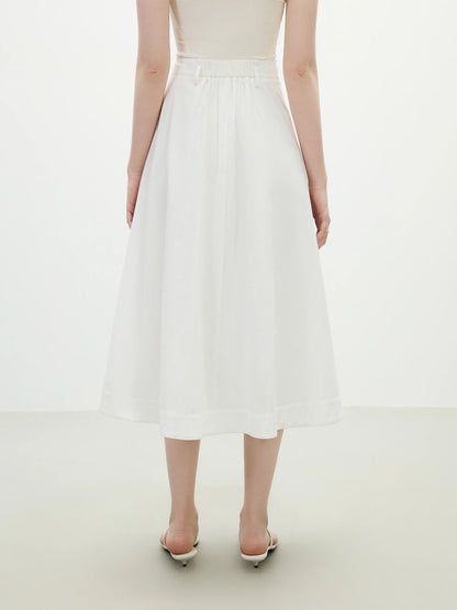 FSLE 2025 Summer French High Waist A-Line Skirt - Office Chic Ivory Midi with Adjustable Waist & Hidden Pockets 25FS12197