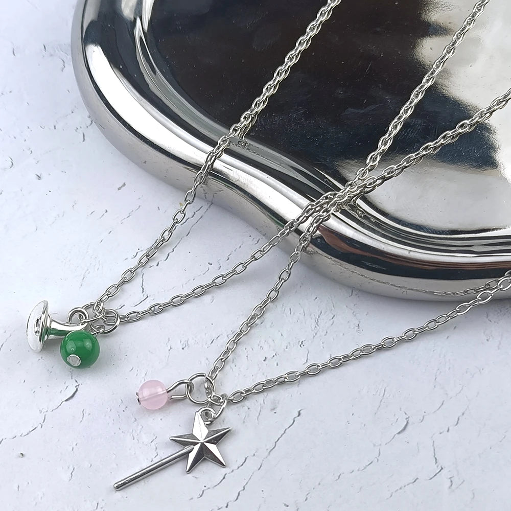Wicked Necklace Glinda Rose Quartz Wand Necklace Elphaba Aventurine Hat Necklace Natural Gemstone Crystal Charm Necklace