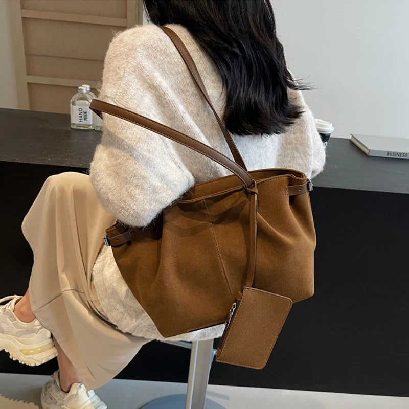 Suede Shoulder Bags for Women Large Capacity Totes Lightweight Underarm Bag Casual Shopper Handbag Solid Color Travel Bucket Bag