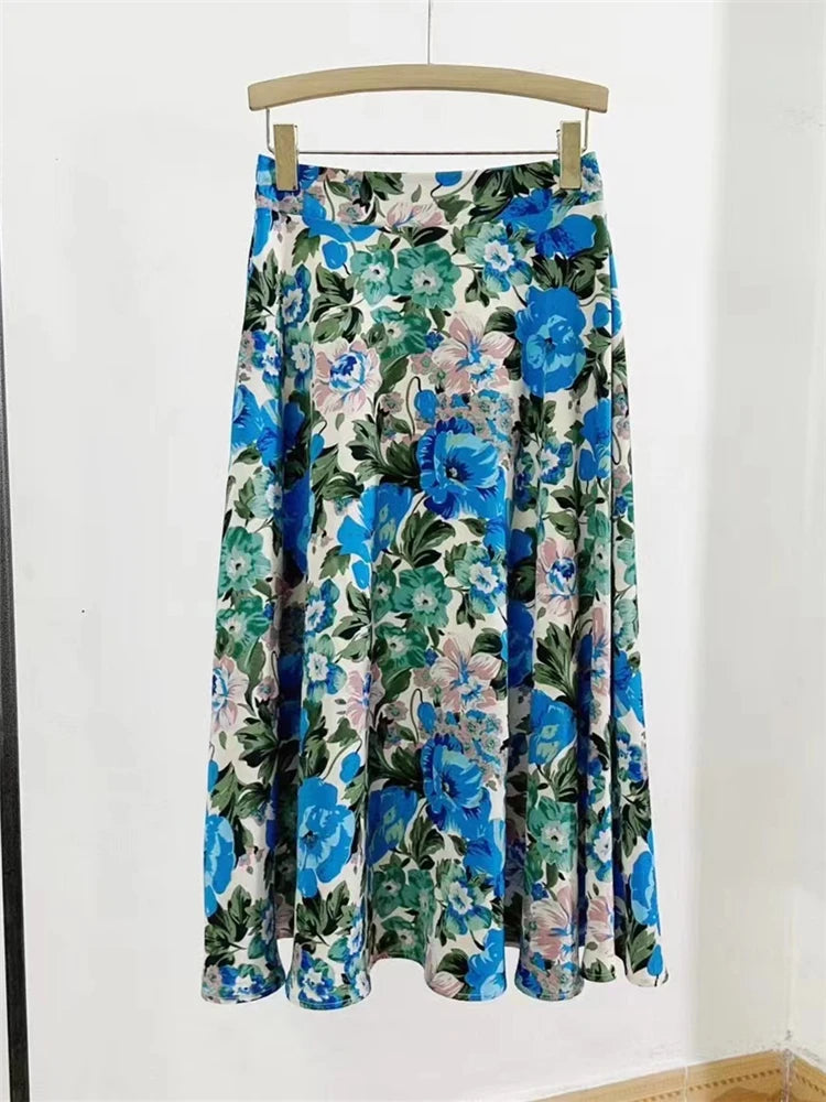 REALEFT High Waist Floral Printed Tulle Mi-long Women A-Line Skirts New 2024 Loose Female Umbrella Skirts Female Spring Summer