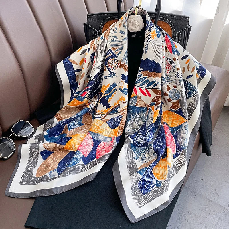 Twill Silk Scarf Women 90cm Square Hijab Shawls And Wraps Female Foulard Headkerchief Elegant Floral Summer Autumn Lady Bandana