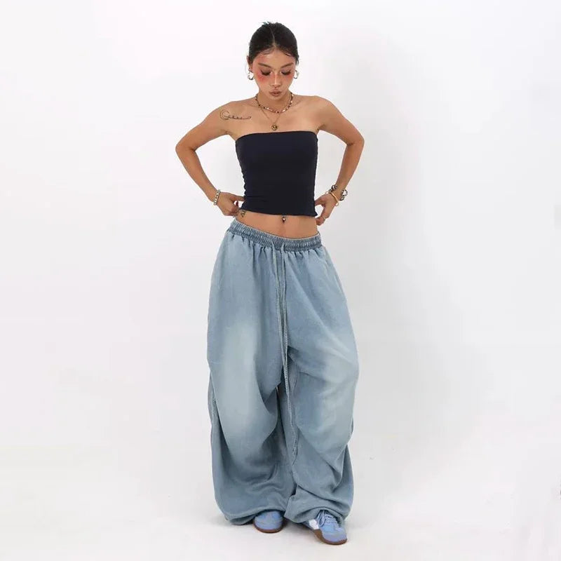 Autumn Oversized Women Wide Leg Jeans Y2K Hip Hop Streetwear Loose Denim Pants High Waist Drawstring All Match Straight Trousers