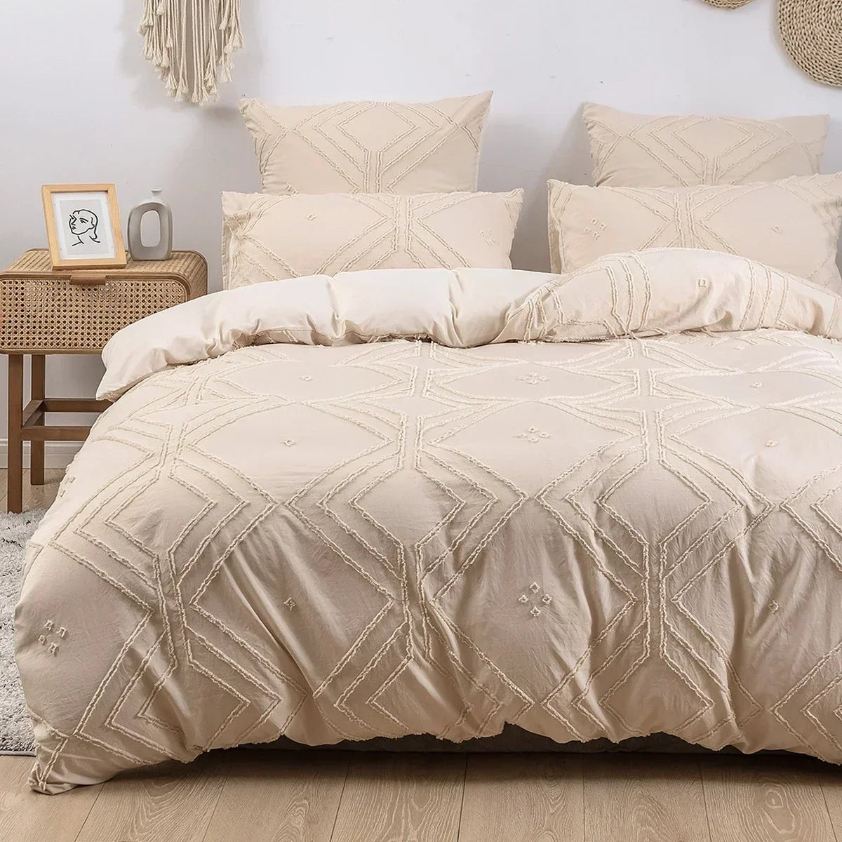3PCS/set Khaki Tufted Duvet Cover Set Line Comforter Cover Geometric Bed Set Lightweight Down Bedding Set for All Season