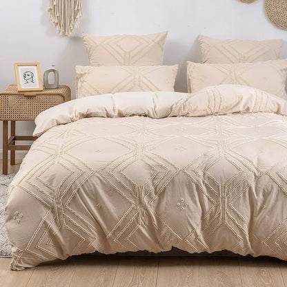 3PCS/set Khaki Tufted Duvet Cover Set Line Comforter Cover Geometric Bed Set Lightweight Down Bedding Set for All Season