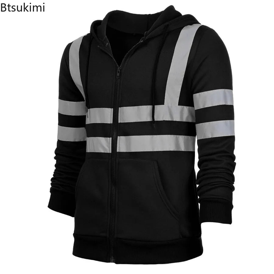 New Men's Reflective Strip Hoodie Jackets Spring Autumn Zipper Long Sleeve Fleece Sweatshirts High Visibility Night Work Jackets
