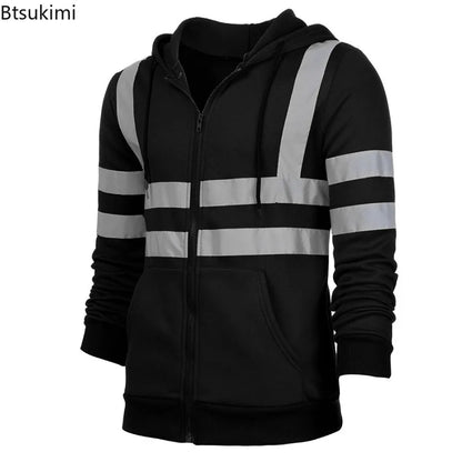 New Men's Reflective Strip Hoodie Jackets Spring Autumn Zipper Long Sleeve Fleece Sweatshirts High Visibility Night Work Jackets