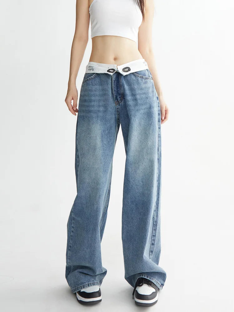 HOUZHOU Vintage Y2k Jeans Women Baggy Kpop Gyaru Streetwear Wide Blue Denim Pants Harajuku Korean Acubi Fashion High Waist Jeans