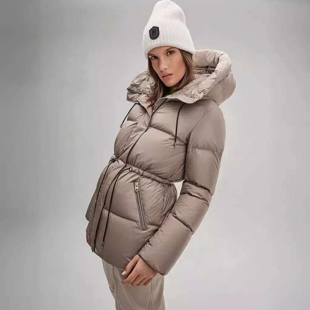 Winter Warm Hooded Coat Women's Mid-Length Waist Drawstring Jacket Windproof Thermal Outerwear