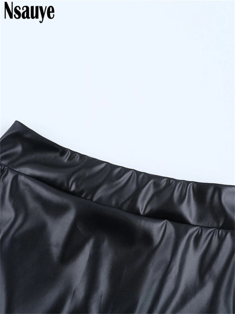 Nsauye Fashion Elegant PU Leather Long Package Skirts High Waisted Maxi Y2K Sexy Women Wrap Skirt Vintage Clothes 2025 Autumn