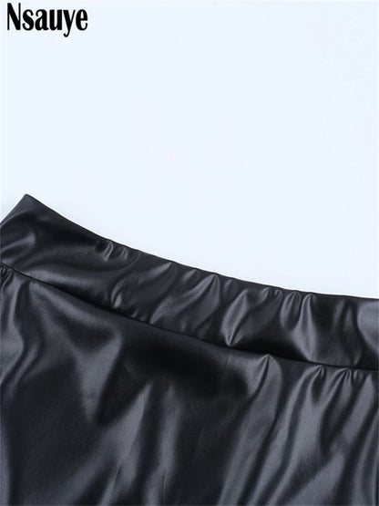 Nsauye Fashion Elegant PU Leather Long Package Skirts High Waisted Maxi Y2K Sexy Women Wrap Skirt Vintage Clothes 2025 Autumn