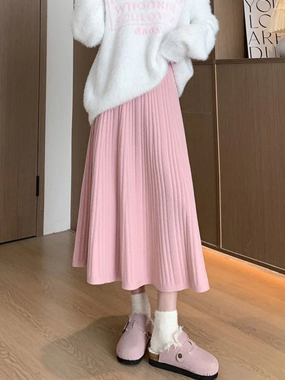 Sweet Vintage Knitted Long Skirts Women Preppy Style High Waist Loose A Line Skirts Fall Winter Retro Simple Elegant Long Skirts