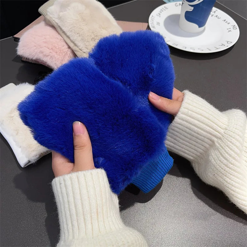 Winter Korean version half -finger leopard gloves suede iconic fur gloves, students with velvet fur, warm gloves wholesale