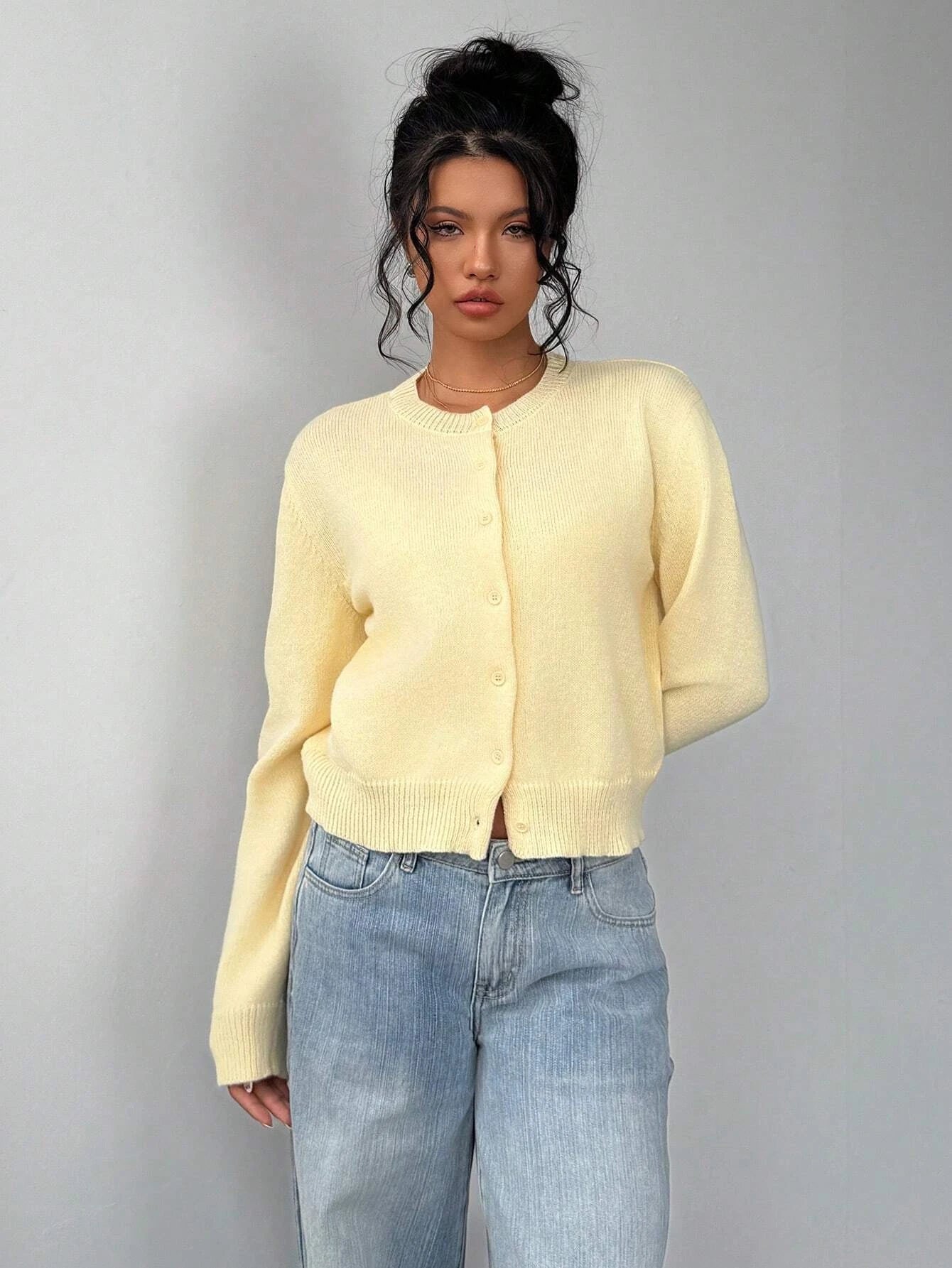 Women's Casual Solid Color Round Neck Long Sleeve Loose Cropped Top Single-breasted Sweater Cardigan Streetwear Autumn/Winter