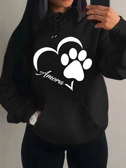 Love And Little Cat Foot Creative Print Women Hoody Fashion Autumn Sweatshirt Pocket Hoodie Sport Style Comfortable Pullover
