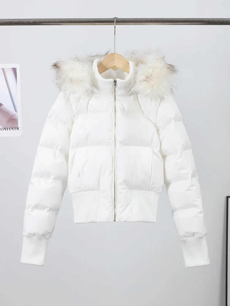 Fashion Faux Fur Hooded Quilted Coat For Women Casual Full Sleeve Zipper Pocket Cropped Jacket Lady 2025 Winter Street Outerwear