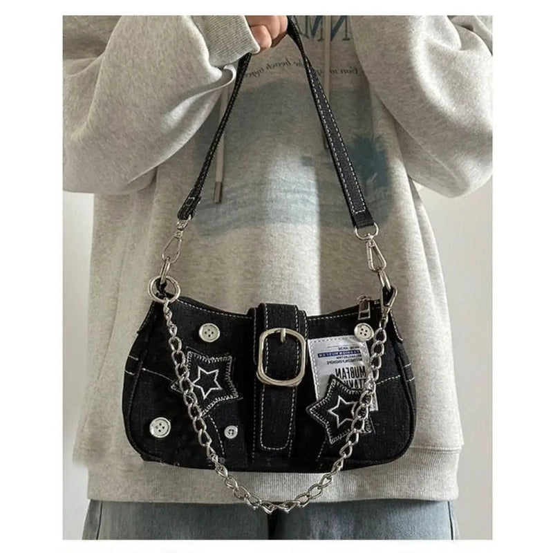 Fashion Women's Handbags Denim Stars Pattern Cool Girls Y2K  Underarm Bag Canvas Female Small Shoulder Bags Chain Tote Bag
