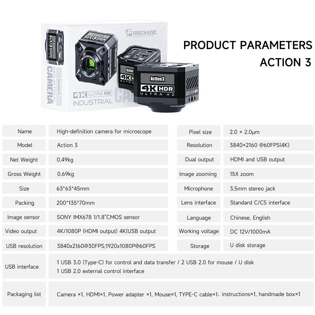 MECHANIC Action3 HD 1080P 4K 60FPS Microscope Camera HDMI/USB Output Optical Thermal Imaging Expansion IMX678 1/1.8" CMOS Sensor