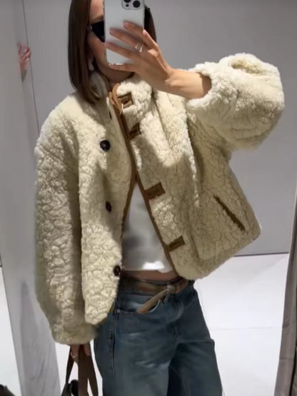 Casual Reversible Lamb Wool Coat Women Stand Collar Single Breasted Pocket Loose Short Warm Jacket Lady Commute Office Jackets