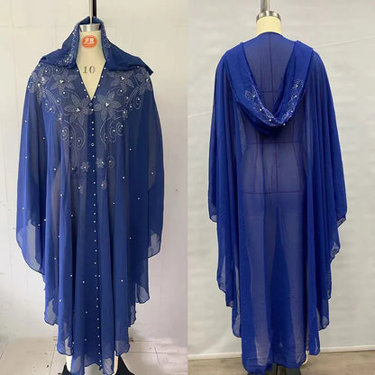 Middle East African Dresses for Woman Luxury Diamond Bead Muslim Long Robe Veiled Women Wearing Hooded Cloak Bat Sleeve Dress