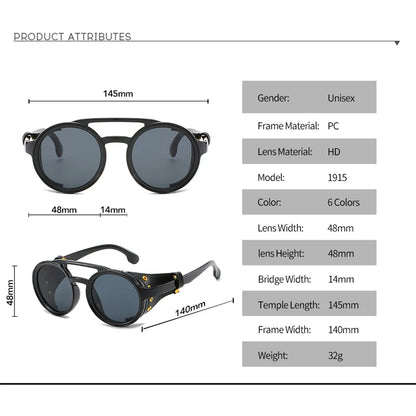 Steampunk Shields Sunglasses Men Women Classic Sun Glasses With Side Leather Round Eyewears Punk UV400 Lens