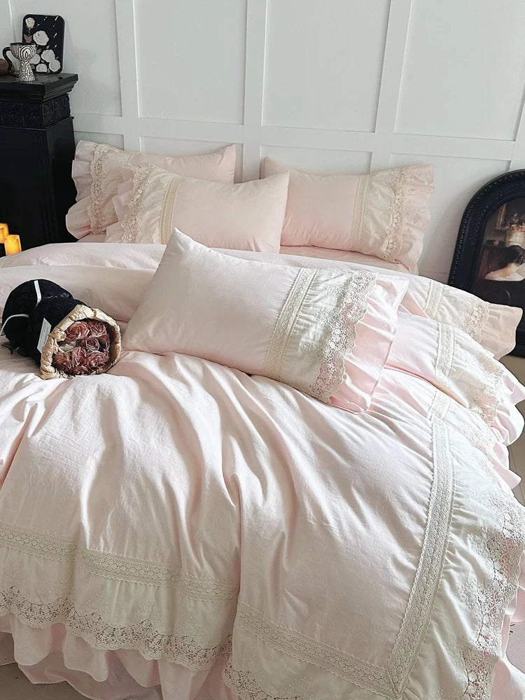 Princ Sle Pure Cotton Pink Bedding Set with Lace s Waed Cotton Duvet Cover eet And Bed Skirt Four Piece Set