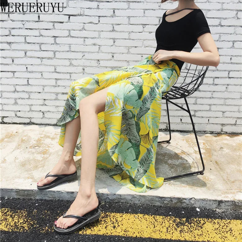 WERUERUYU Wrap Skirts Women Casual Chiffon Tie-Waist Ruffle Wide Leg Loose