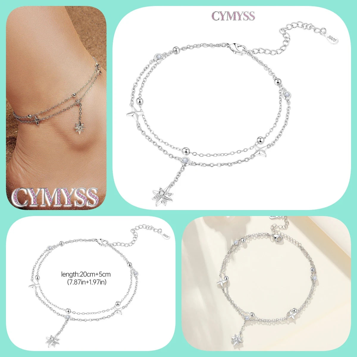 Original Anklets for Women 925 Sterling Silver Exquisite 2 Layer Zircon Chain Anklet Gold Color Ideal Summer Beach Jewelry Gift