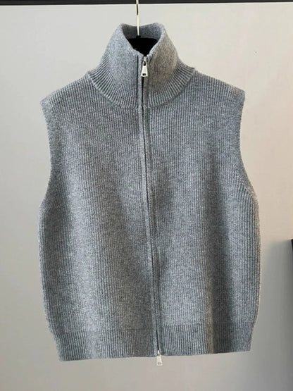 High Collar Zipper Knitted Open Cardigan Vest Women's Loose Layering Jacket Sweater Shoulder Pad Spring Autumn Winter New Style