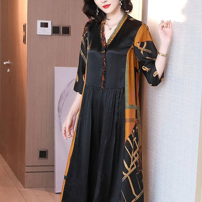 Vintage Printed Spliced A-Line Long Dress Spring Summer Casual V-Neck Women's Clothing Commute Half Sleeve Waist Loose Dresses
