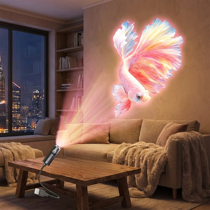 Portable marine life projector light, featuring 8 light panels including jellyfish, whale, and sea turtle; USB powered, 360° rot
